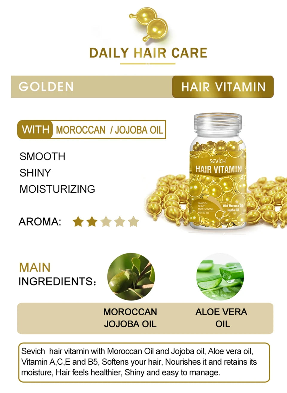 Sevich Smooth Silky Hair Vitamin Capsule Keratin Complex Oil Hair Care Repair Damaged Hair Serum Anti-Loss Moroccan Hair Oil