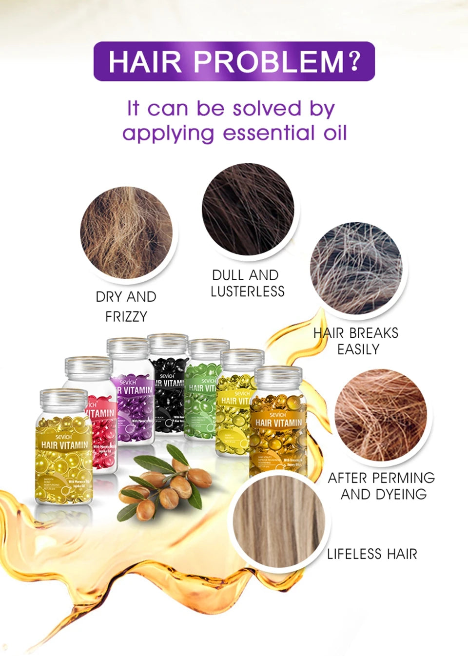 Sevich Smooth Silky Hair Vitamin Capsule Keratin Complex Oil Hair Care Repair Damaged Hair Serum Anti-Loss Moroccan Hair Oil