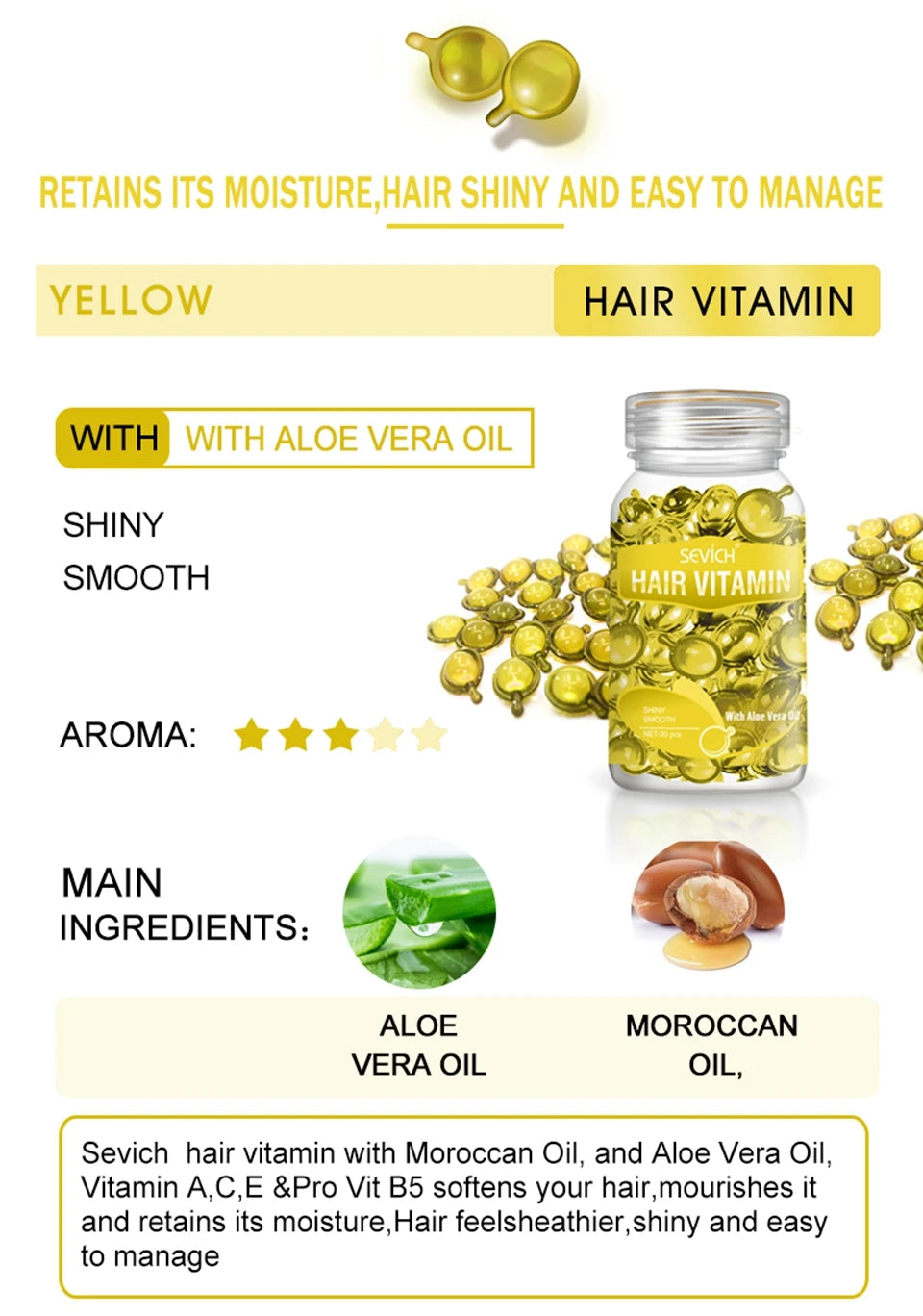 Sevich Smooth Silky Hair Vitamin Capsule Keratin Complex Oil Hair Care Repair Damaged Hair Serum Anti-Loss Moroccan Hair Oil