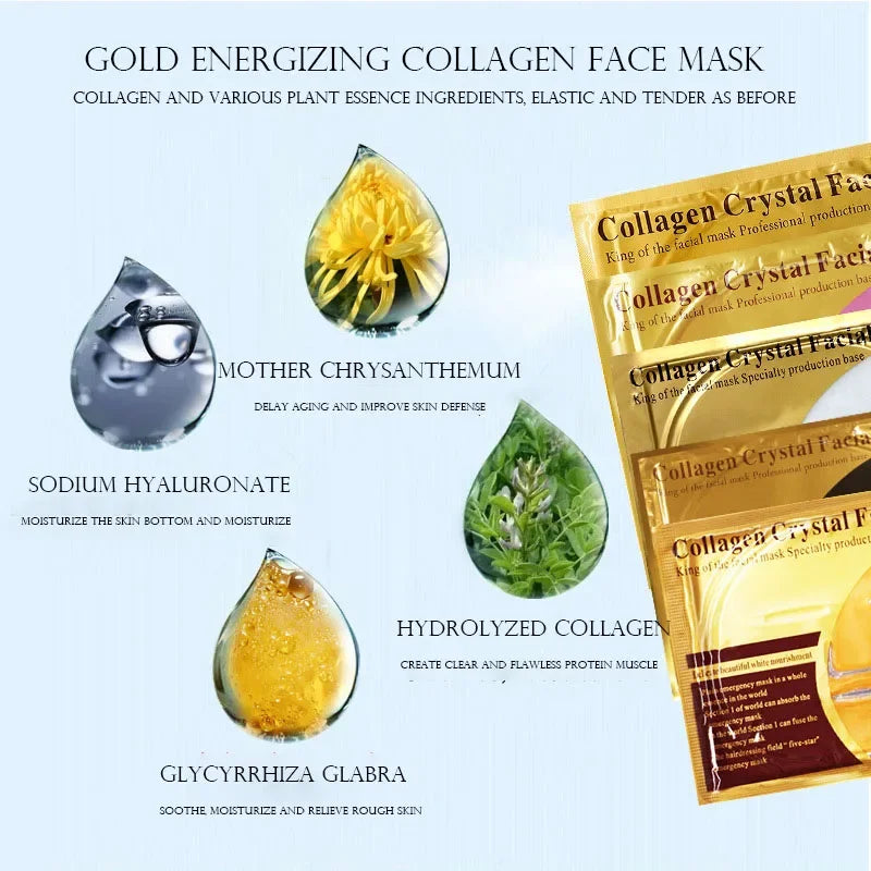 10pcs Collagen Gold Crystal Face Masks Beauty Skin Care Big Face Mask Firming Hydrating Moisturizing Facial Mask for Face Care